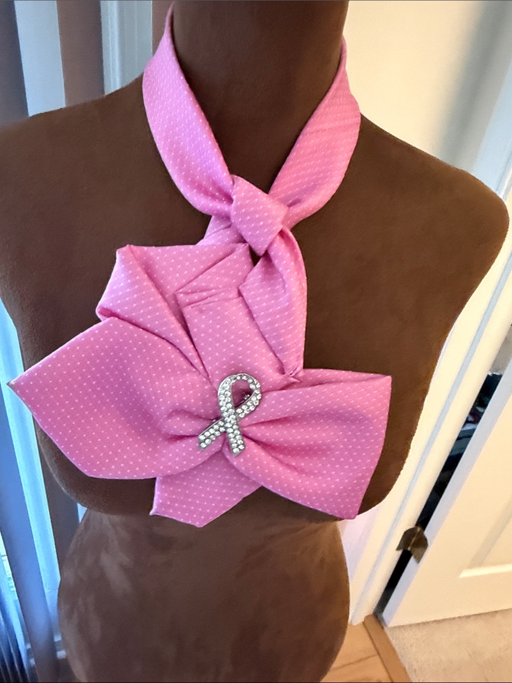 Necktie designed Pink Statement Neck Scarf with Rhinestone Ribbon Accent